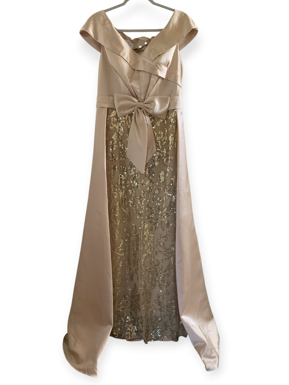 Champagne Satin and Sequin Evening Gown with Bow